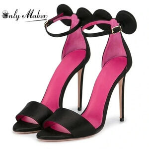 NEW Only Maker Bow Mouse Ears Satin Black Pink Stiletto Heels Size 37 (US 6.5)